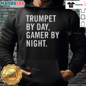 Alt Text: Funny trumpet musician hoodie featuring gamer theme, perfect for trumpet players who game at night.