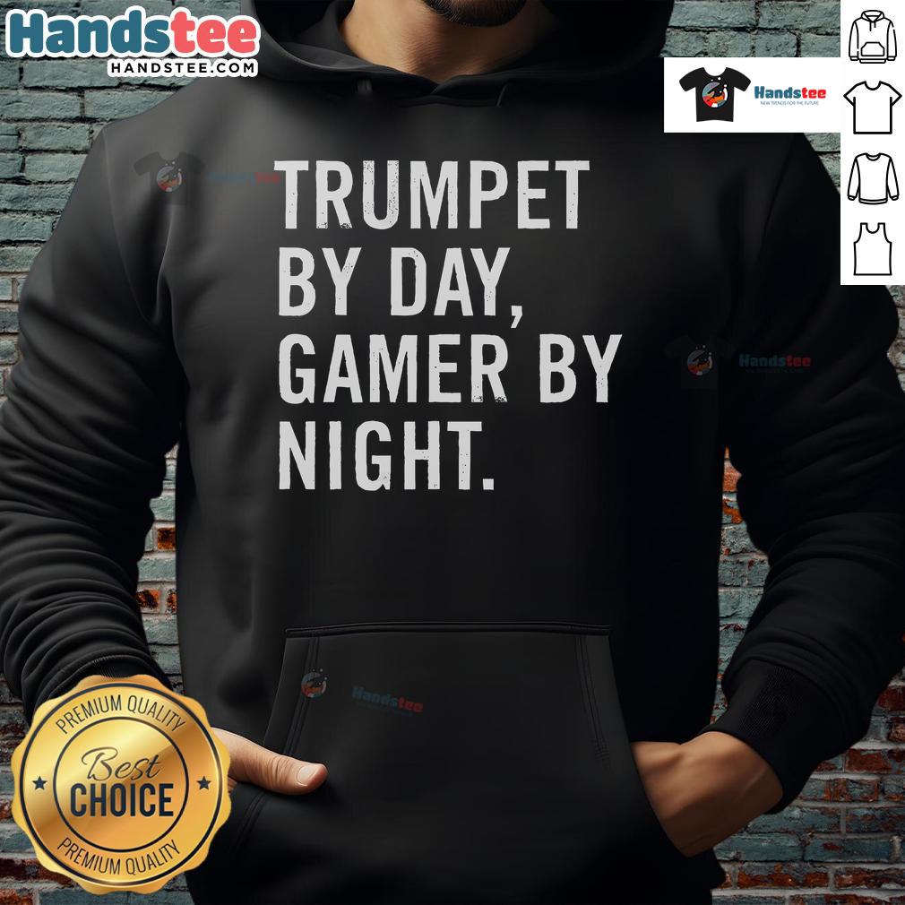 Alt Text: Funny trumpet musician hoodie featuring gamer theme, perfect for trumpet players who game at night.