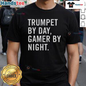 Funny Trumpet Musician T-Shirt featuring a playful design of a trumpet player who games at night, perfect for music lovers.