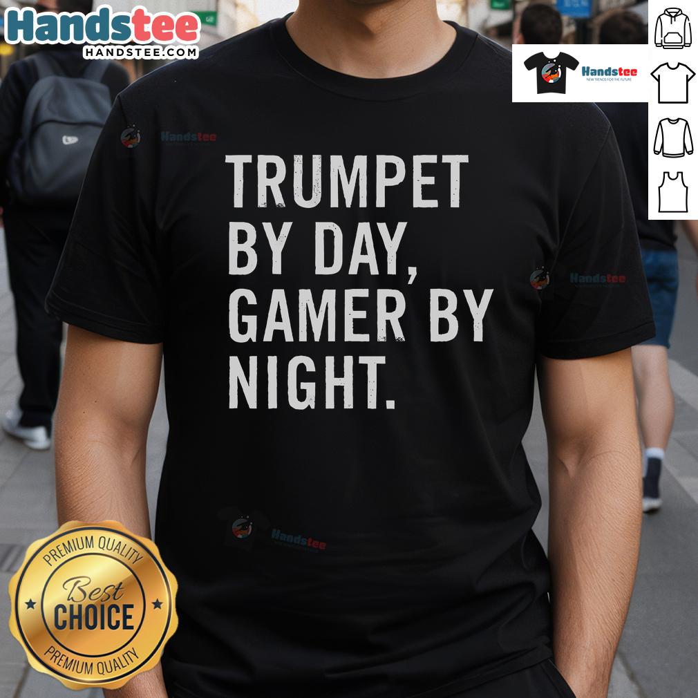 Funny Trumpet Musician T-Shirt featuring a playful design of a trumpet player who games at night, perfect for music lovers.