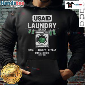 Funny 'Usaid Humor Laundry Service' hoodie with 'Launder & Repeat Since 1961' slogan, perfect for comedy lovers.