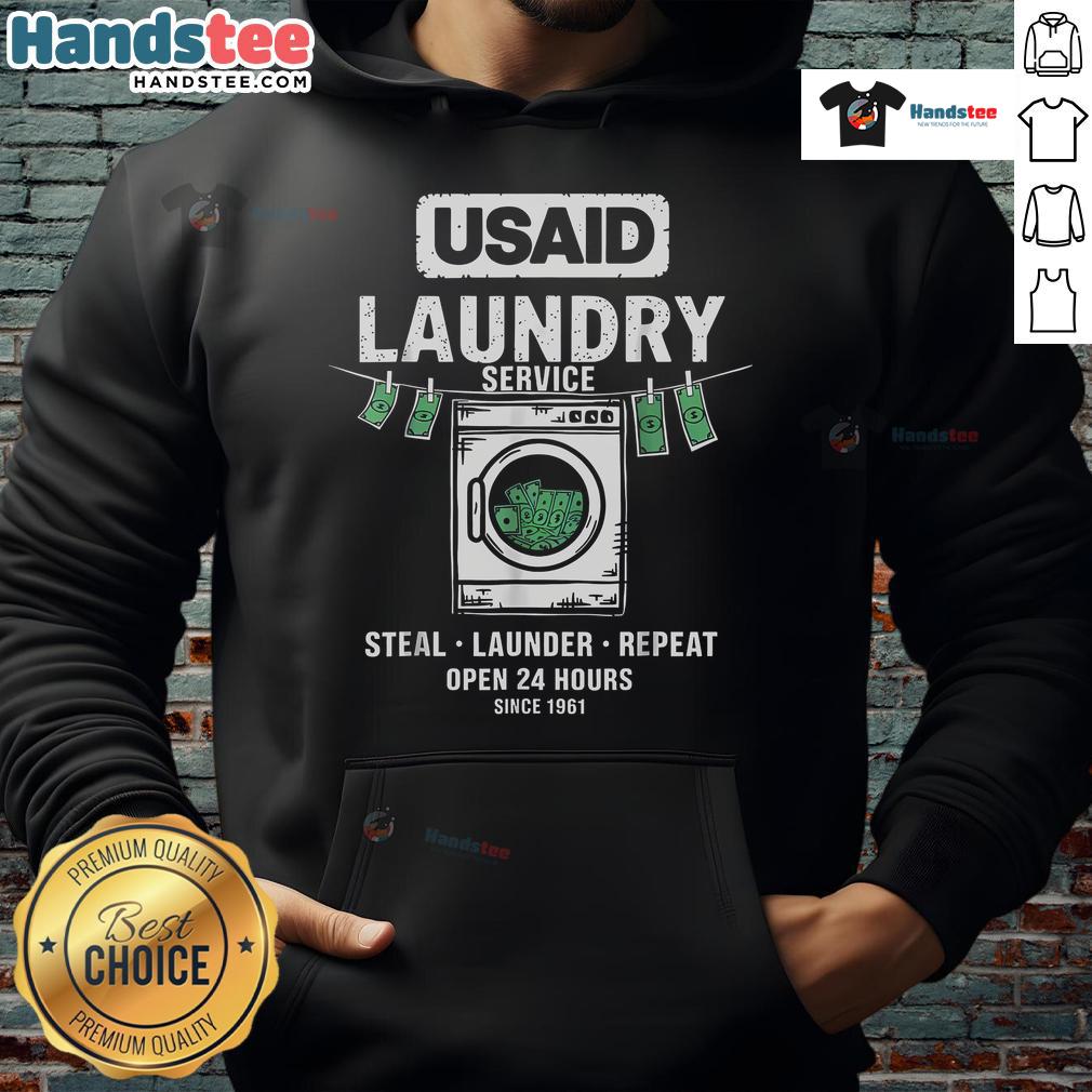 Funny 'Usaid Humor Laundry Service' hoodie with 'Launder & Repeat Since 1961' slogan, perfect for comedy lovers.