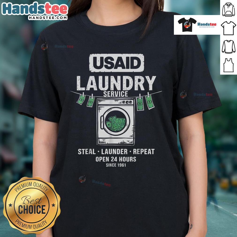 Funny laundry service ladies tee featuring 'Launder & Repeat Since 1961' humor for a playful twist on everyday chores.