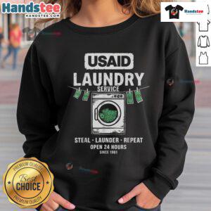 Funny 'Usaid Humor' laundry service sweatshirt with 'Launder & Repeat Since 1961' slogan, perfect for humor lovers.