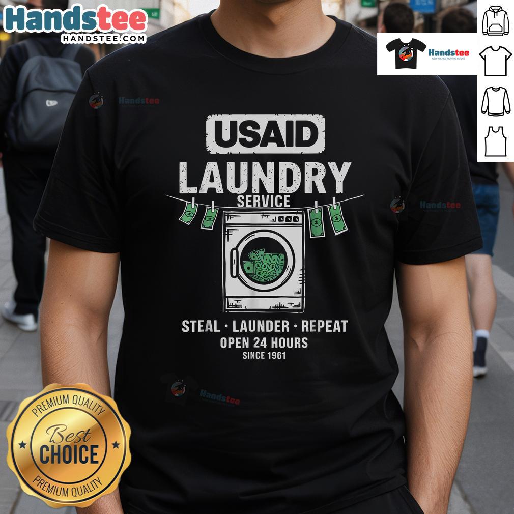 Funny USAID Humor Laundry Service T-Shirt featuring 'Launder & Repeat Since 1961' design for unique style.