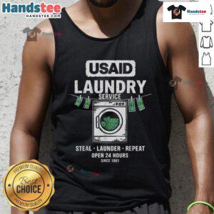 Funny 'Usaid Humor Laundry Service Launder Repeat Since 1961' tank top design featuring playful laundry-themed graphics.