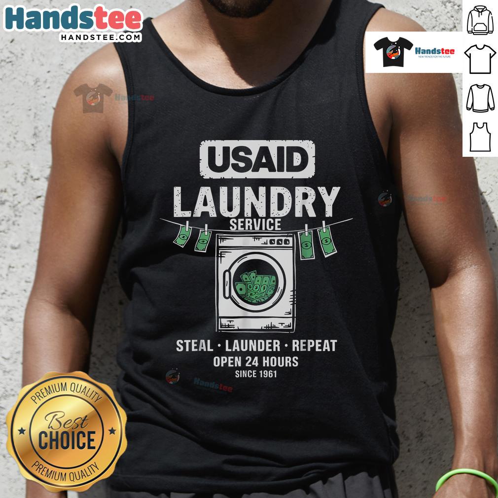 Funny 'Usaid Humor Laundry Service Launder Repeat Since 1961' tank top design featuring playful laundry-themed graphics.