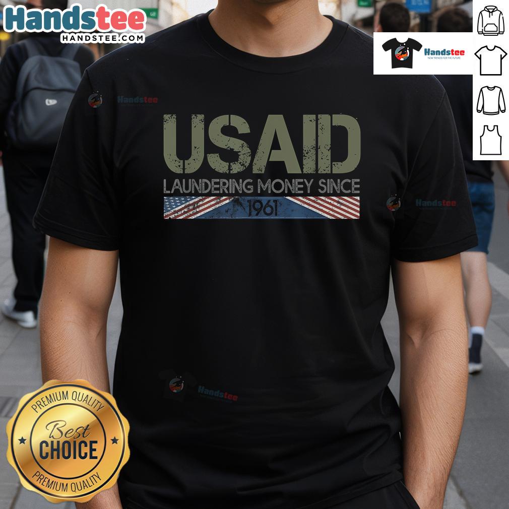 Funny Usaid Satire T-Shirt featuring 'Laundering Money Since 1961' design, perfect for humor and political commentary.