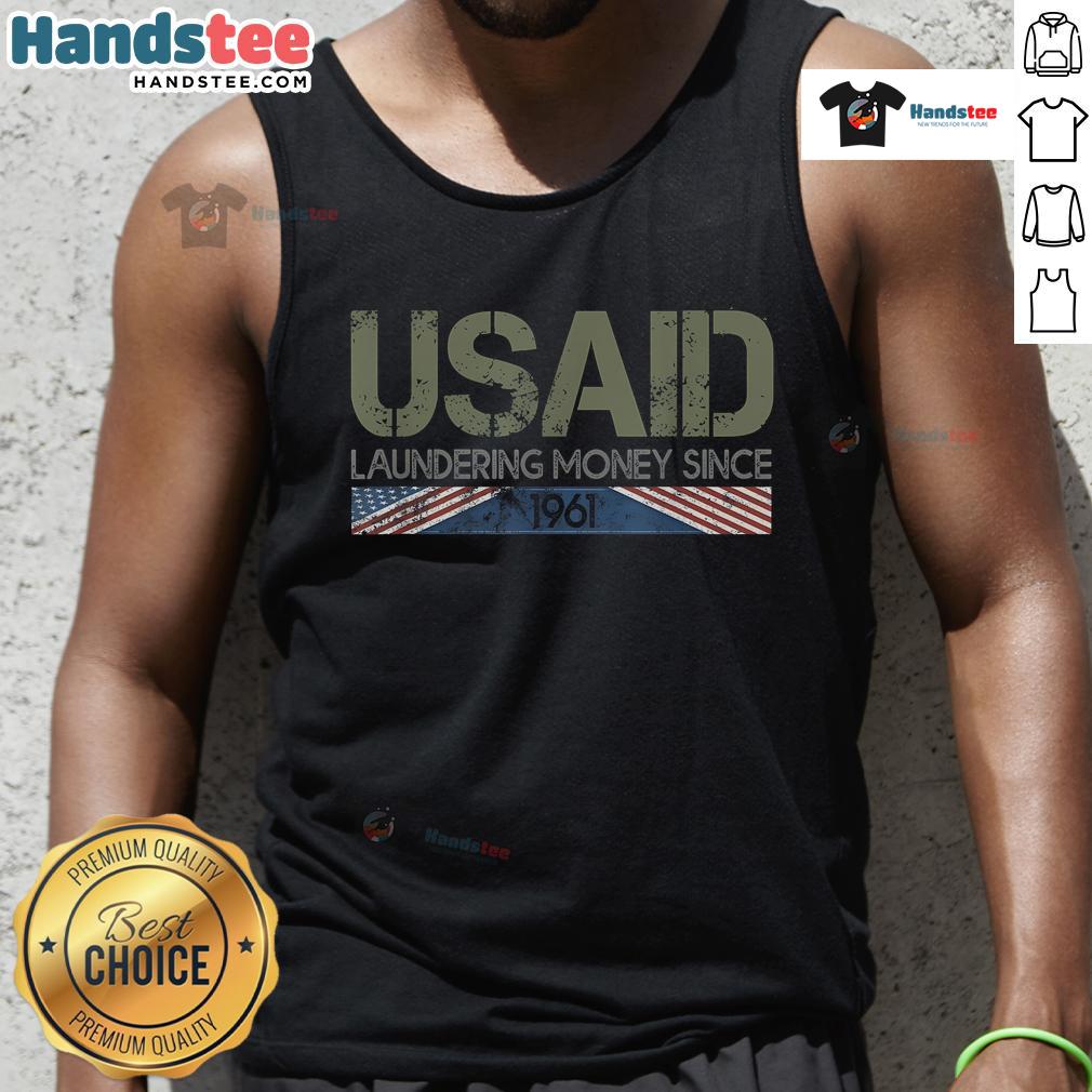 Funny 'Usaid Satire' tank top design featuring humorous money laundering theme since 1961.