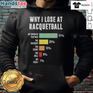 Funny racquetball player hoodie design featuring humor about why I lose at racquetball. Perfect for sports enthusiasts!