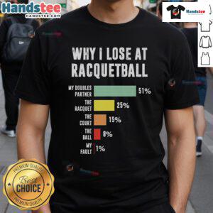 Funny 'Why I Lose at Racquetball' T-shirt for racquetball players, featuring humorous graphics and bold text.