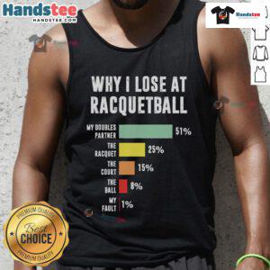 Funny racquetball player in a tank top, showcasing humorous reasons for losing at racquetball during a game.
