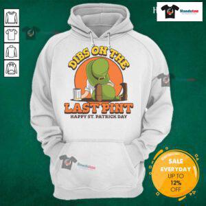 Good Dibs On The Last Pint Happy St. Patrick's Day Hoodie with festive green design and shamrock graphics.