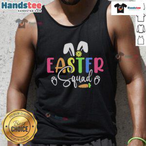 Family wearing matching tank tops for Easter Day bunny egg hunt, celebrating together in festive style.