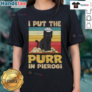 Good I Put The Purr In Polish Pierogi Ladies Tee design featuring playful cat graphics and vibrant colors.