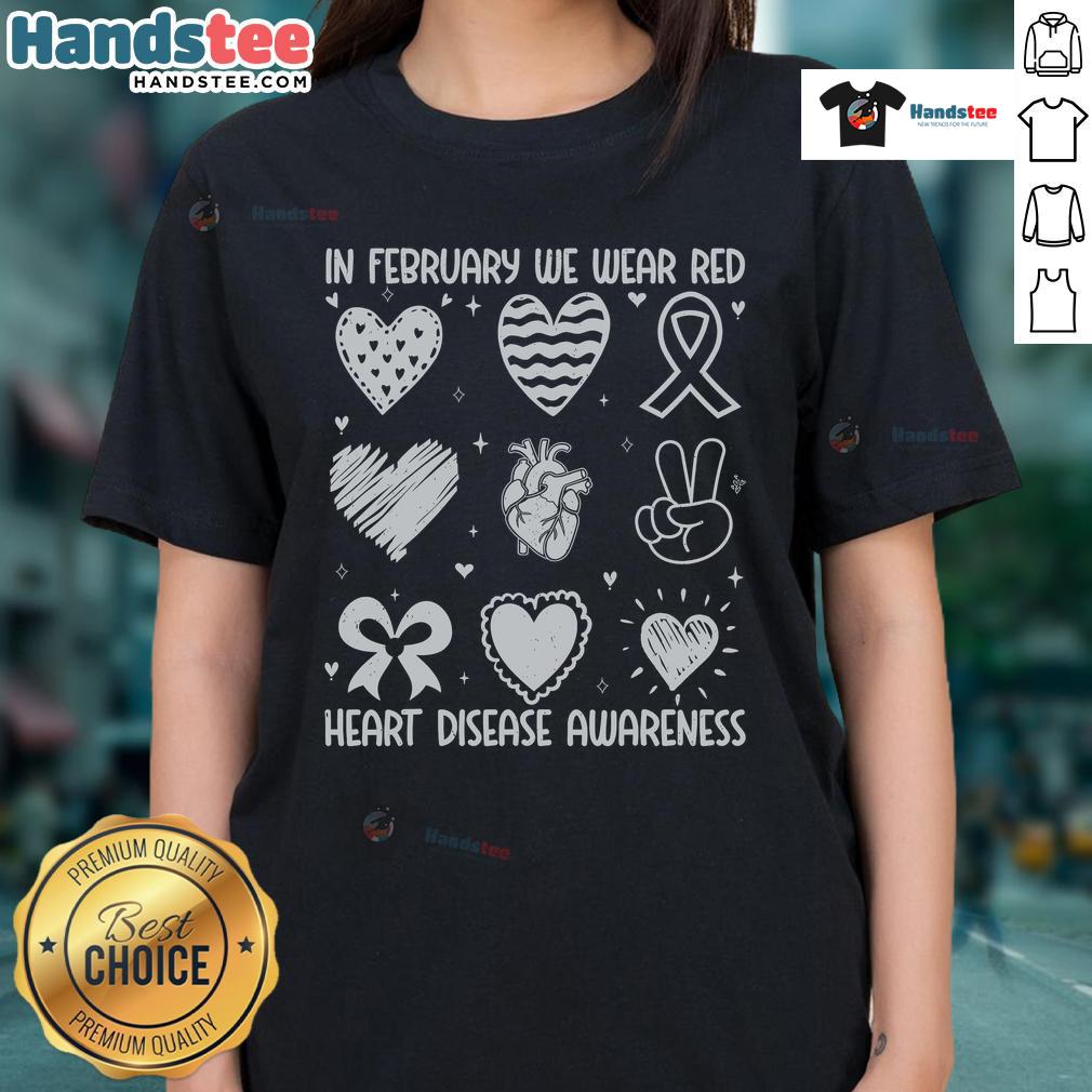 Women wearing red 'Good in February' tee for Heart Disease Awareness, promoting health and awareness for CHD.