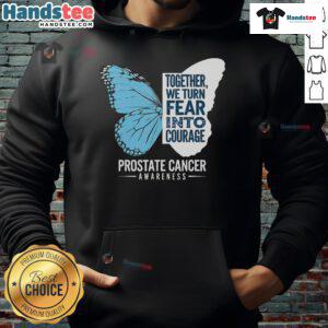 Light blue ribbon hoodie promoting prostate awareness, turning fear into courage with a powerful message.