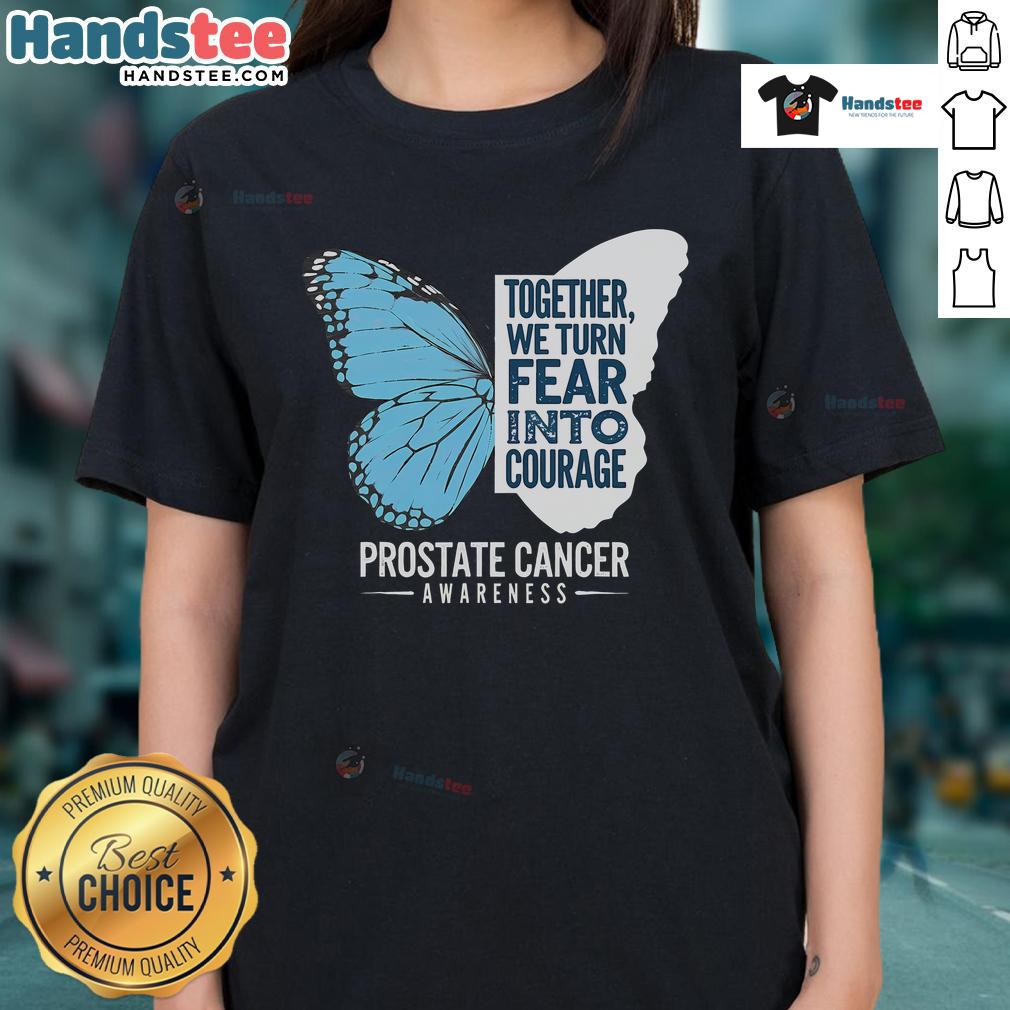 Alt Text: Light blue ribbon on a ladies' tee promoting Good Prostate Awareness, transforming fear into courage.