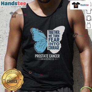Light blue ribbon tank top promoting Good Prostate Awareness, transforming fear into courage for men's health.