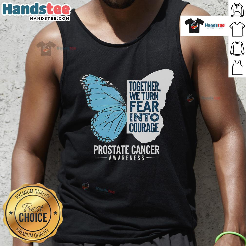 Light blue ribbon tank top promoting Good Prostate Awareness, transforming fear into courage for men's health.