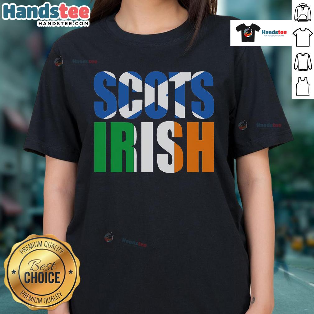 Good Scots Irish flag design on a ladies tee celebrating Scottish and Irish heritage in vibrant colors.