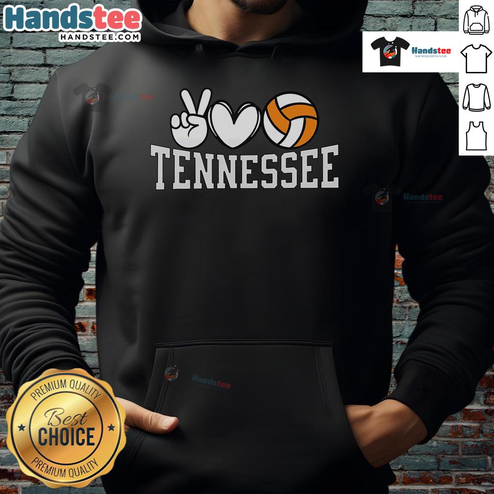 Good Tennessee Volunteer State Volleyball hoodie featuring Peace Love Volleyball design in vibrant colors.