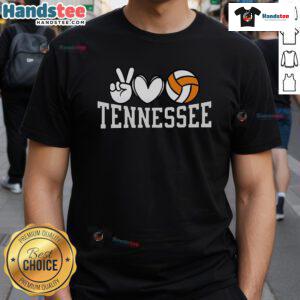 Good Tennessee Volunteer State Volleyball T-Shirt featuring 'Peace Love Volleyball' design in vibrant colors.