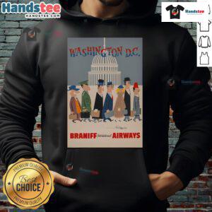 Alt Text: Vintage Braniff International Airways hoodie in Washington DC, showcasing retro airline style and vibrant colors.