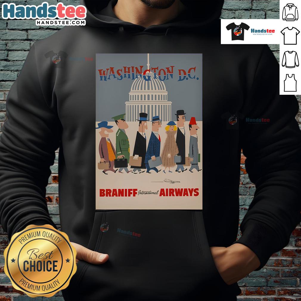 Alt Text: Vintage Braniff International Airways hoodie in Washington DC, showcasing retro airline style and vibrant colors.