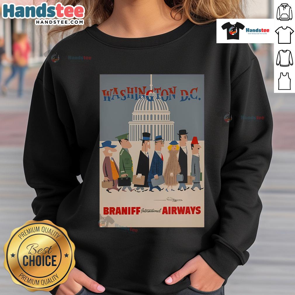 Vintage Braniff International Airways sweatshirt featuring Washington DC design, perfect for aviation and travel enthusiasts.