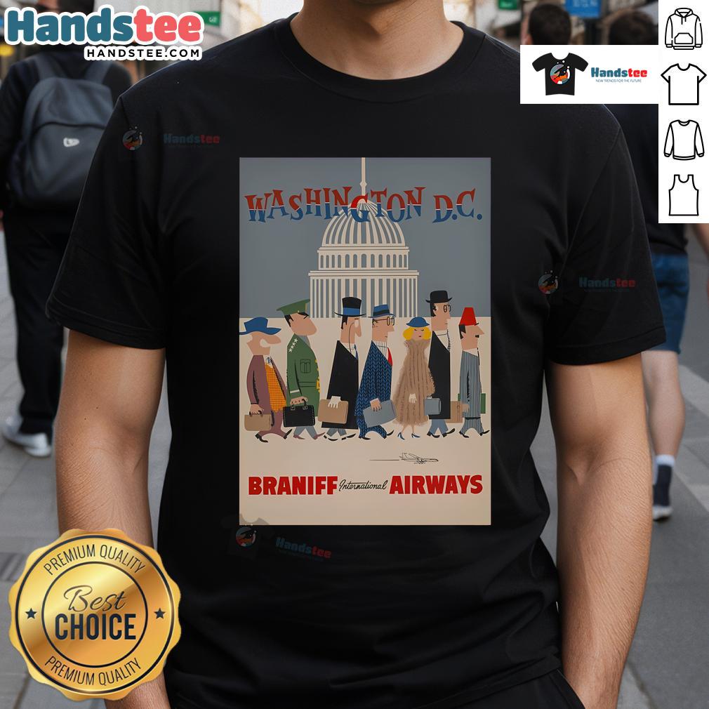 Good Washington DC Braniff International Airways T-Shirt featuring vibrant colors and retro airline logo design.