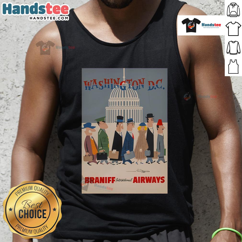 Good Washington DC Braniff International Airways tank top featuring vintage airline logo and vibrant colors.