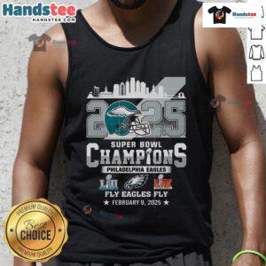 Hot LIX Super Bowl 2025 Fly Eagles Fly champions Philadelphia football helmet tank top for fans and sports enthusiasts.
