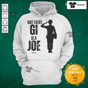 Female veteran wearing a 'Hot Not Every GI Is A Joe' hoodie, showcasing pride and empowerment in military apparel.
