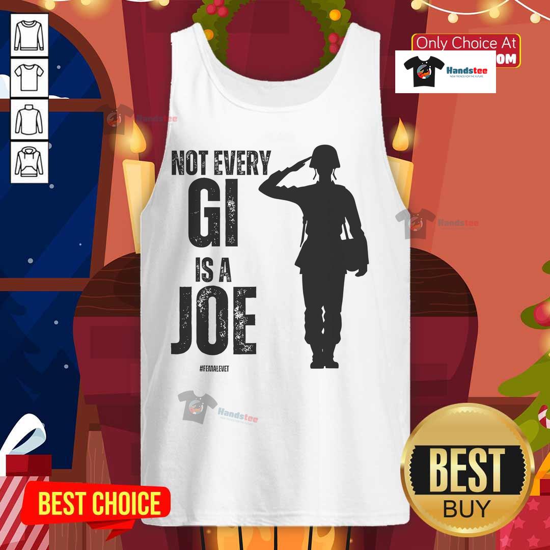 Female veteran wearing a stylish 'Hot Not Every GI Is A Joe' tank top, showcasing pride and empowerment.
