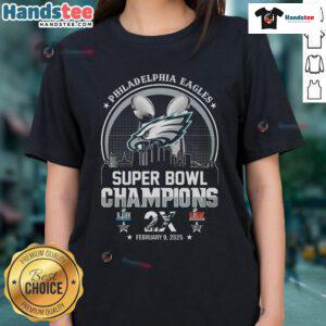 Hot Philadelphia Eagles Super Bowl Champions Repeat 2017-2025 ladies tee featuring vibrant team colors and logo.