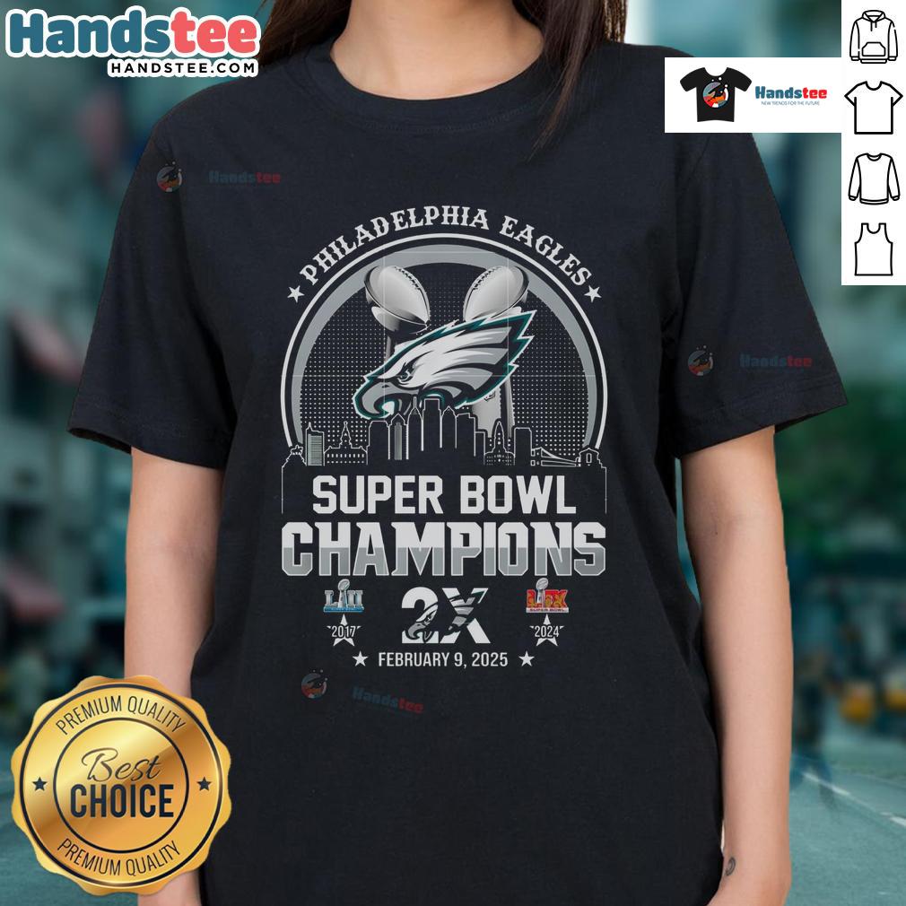 Hot Philadelphia Eagles Super Bowl Champions Repeat 2017-2025 ladies tee featuring vibrant team colors and logo.