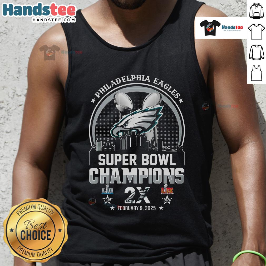 Hot Philadelphia Eagles Super Bowl Champions Repeat 2017-2025 tank top featuring bold team logo and vibrant design.
