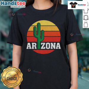 Sunset over Arizona cactus landscape on a stylish ladies tee, perfect for nature lovers and casual wear.
