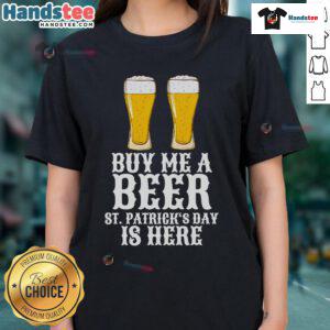 St. Patrick's Day ladies tee featuring 'Nice Buy Me A Beer' slogan, perfect for festive celebrations and casual wear.