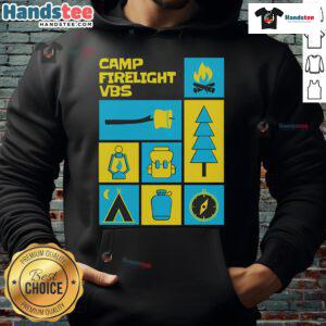 Cozy Nice Camp Firelight VBS hoodie displayed by a campfire, perfect for summer nights and outdoor adventures.