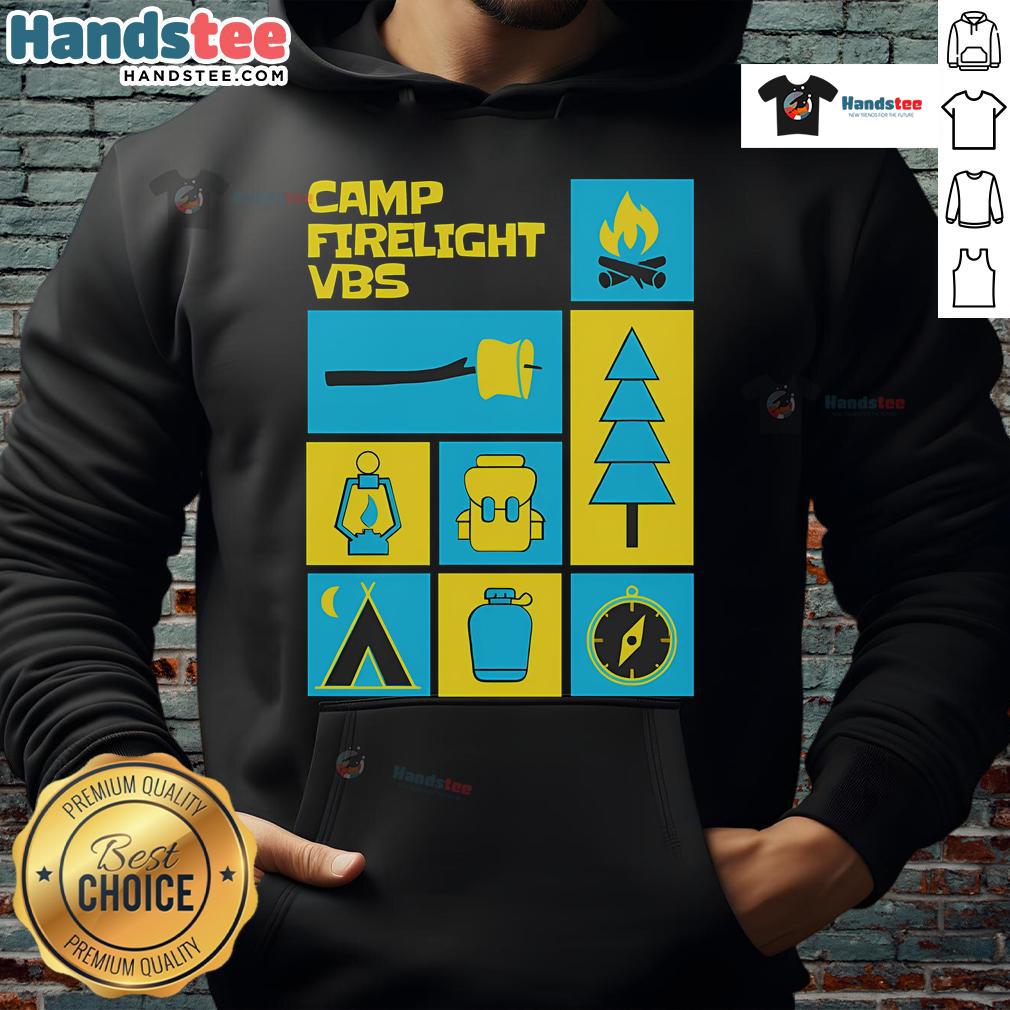 Cozy Nice Camp Firelight VBS hoodie displayed by a campfire, perfect for summer nights and outdoor adventures.