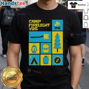 Nice Camp Firelight VBS T-Shirt featuring a vibrant campfire design perfect for Vacation Bible School activities.