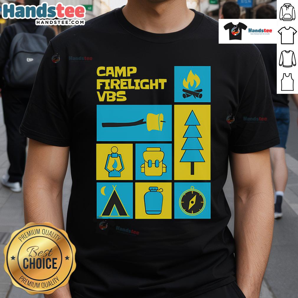 Nice Camp Firelight VBS T-Shirt featuring a vibrant campfire design perfect for Vacation Bible School activities.