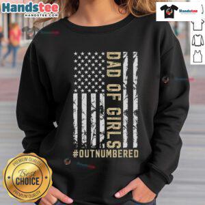Man wearing a Nice Dad of Girl Outnumbered sweatshirt, smiling with his daughter in a park, showcasing family love and humor.