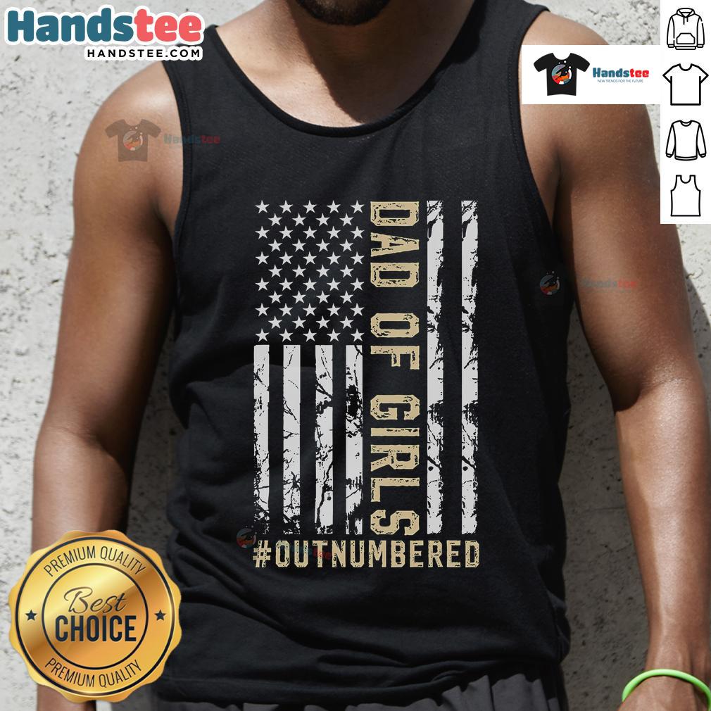 Nice dad wearing 'Outnumbered' tank top smiles with his daughter, showcasing a fun family moment.