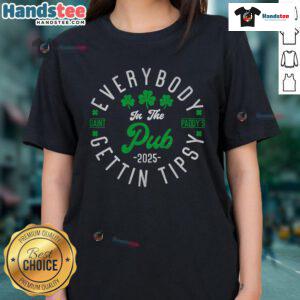 Group of friends enjoying St. Patrick's Day at the pub, wearing 'Nice Everybody in the Pub Getting Tipsy' tees.