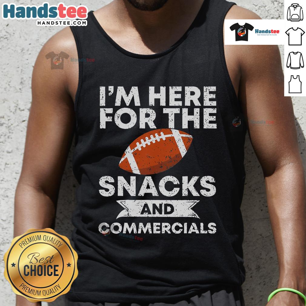 Funny America Football tank top featuring 'I'm Here for the Snacks and Commercials' slogan, perfect for game day.