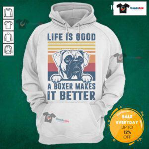 Vintage hoodie featuring a bulldog with the phrase 'Life is Good' for boxer lovers, perfect for casual wear.