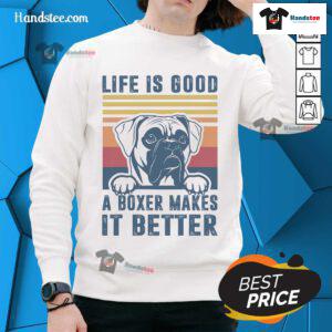 Vintage sweatshirt featuring a Bulldog with 'Life Is Good' slogan, perfect for dog lovers and cozy wear.